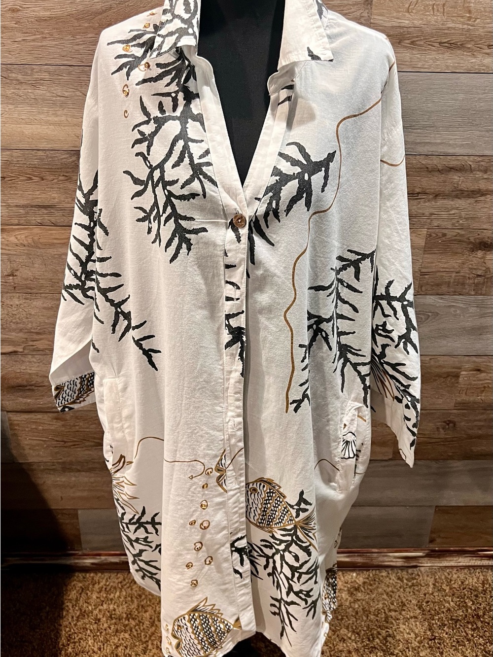 Women's black and gold aquatic fish and coral print Swim Cover-Up Shirt